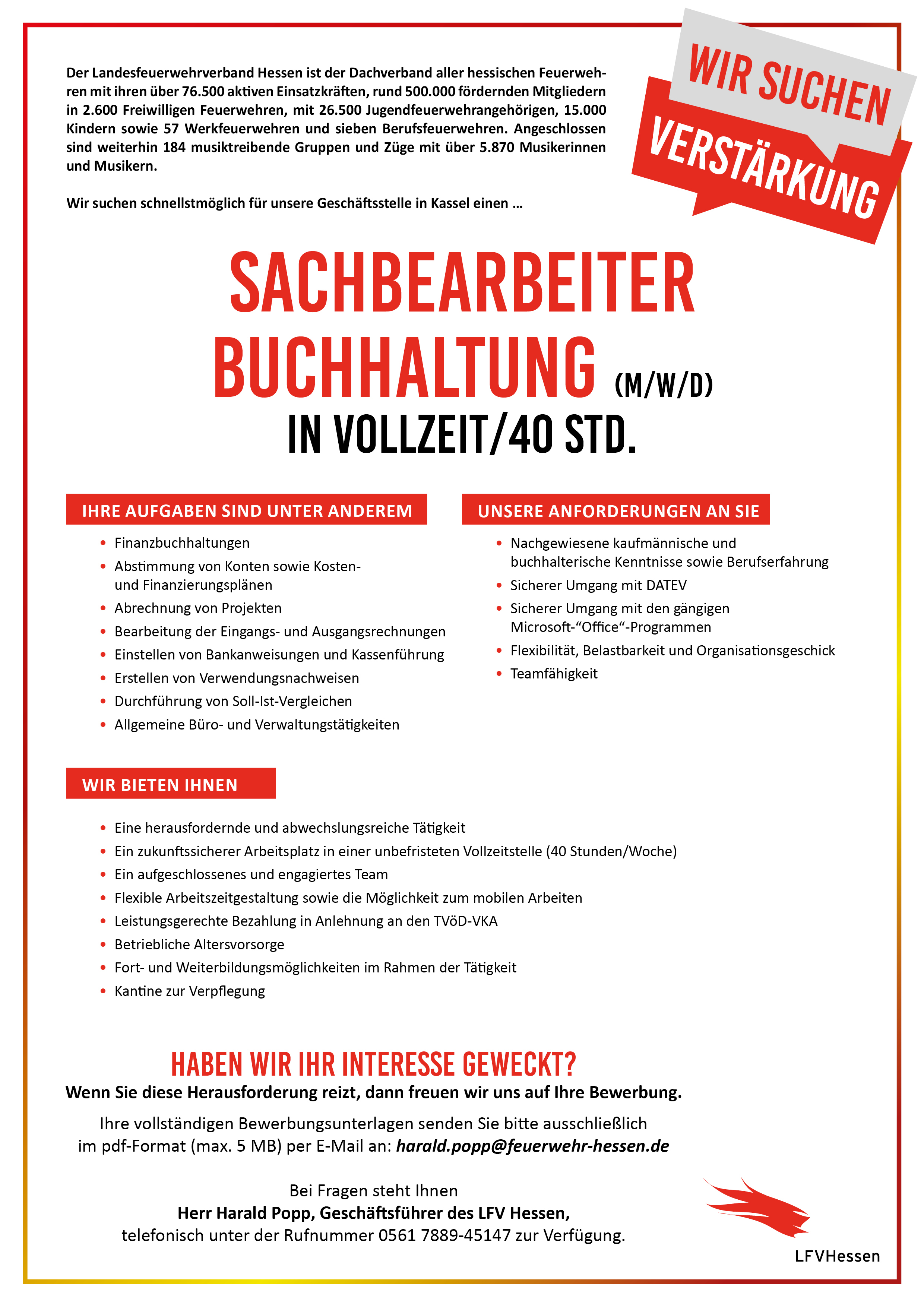 Landesfeuerwehrverband Hessen sucht einen SACHBEARBEITER BUCHHALTUNG in Vollzeit / 40 Std. / m/w/d